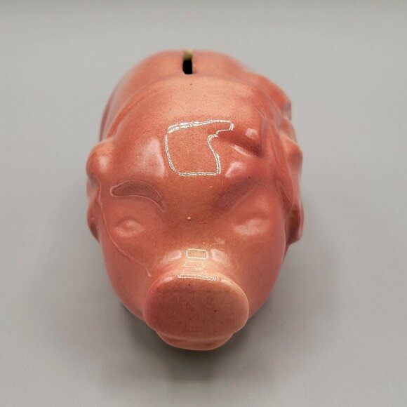 Pink Sow Pig Hog Piggy Bank Ceramic Bow Around Neck Vintage - Picture 2 of 8